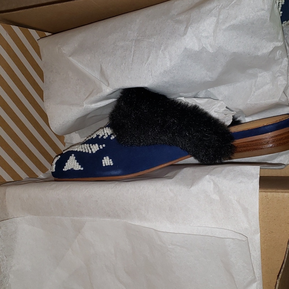 Soludos Sedona Faux Fur Beaded Leather Mule Navy 6 new In Box - Picture 7 of 12
